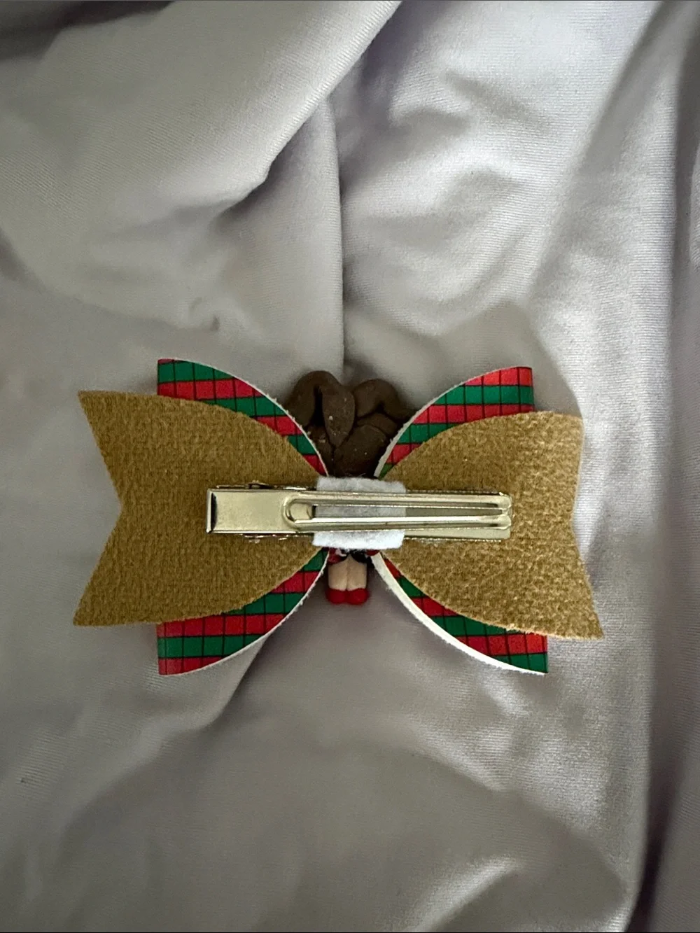 Cute Holiday Bow Hair Clip with Festive Girl Charm - Red & Green